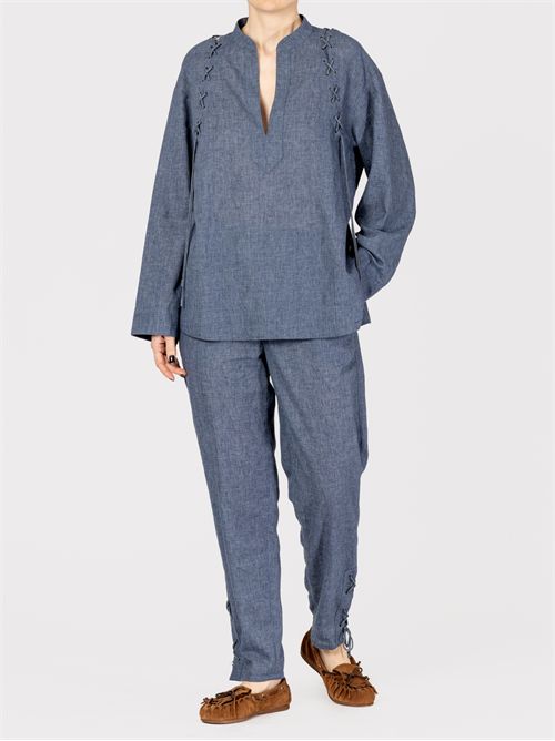 Linen-Blend Pull-Up Trousers with Chambray Effect EMPORIO ARMANI | EW000862AF12519UB092